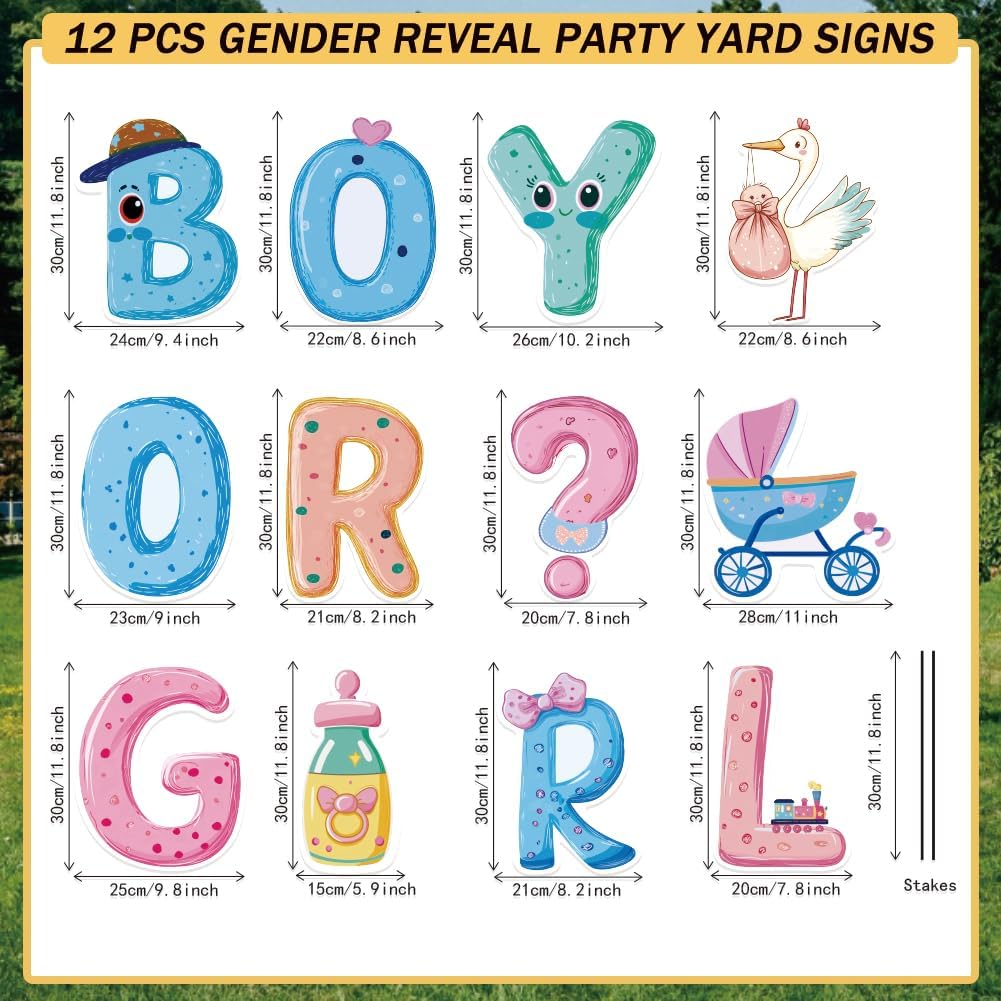 SUPERDANT 12Pcs Gender Reveal Party Yard Sign with 24 Stakes Boy Or Girl Baby Shower Lawn Decorations The Birth Party Outdoor Sign Newborn Garden Decorative Sign for Celebration 11.8x11inch