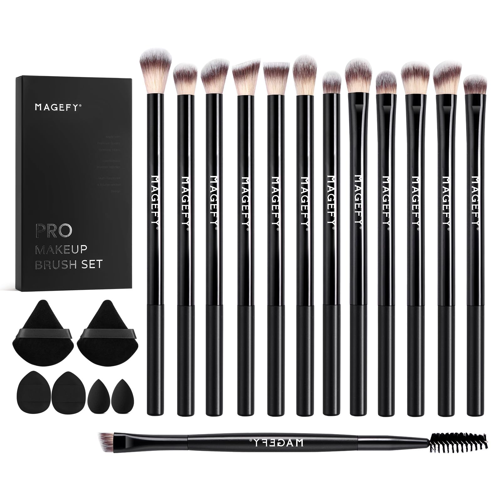 MAGEFY 20 Pcs Makeup Tool Set,13 Eye Makeup Brushes Professional Eyeshadow Brushes Set for Eyeshadow, Eyebrow, Eyeliner, Blending Concealer-Black