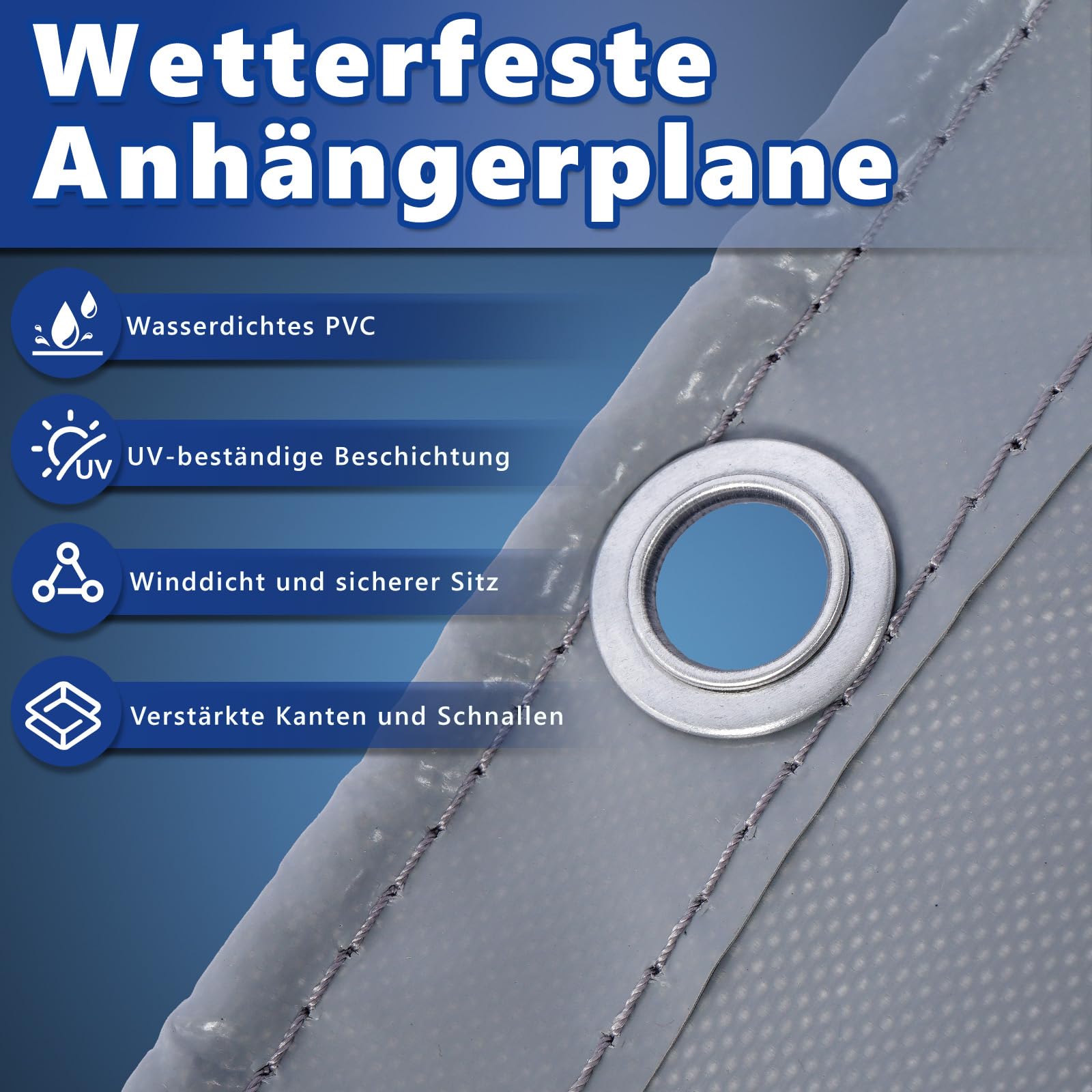 Anhängerplane 210x114x90 cm - Extra Stark 500g/m² PVC LKW-Plane - Wasserdicht & Reißfest - Grau - Mit 4X Reflektorstreifen, Alu-Ösen & 6mm Expanderseil - Profi Abdeckplane für PKW Anhänger