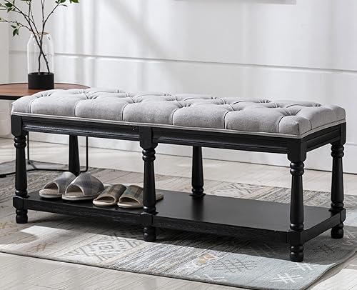 Kmax Banco de almacenamiento para entrada con zapatero acolchado, banco de calzado de madera negra para ventana, banco para entrada de pasillo, Gris