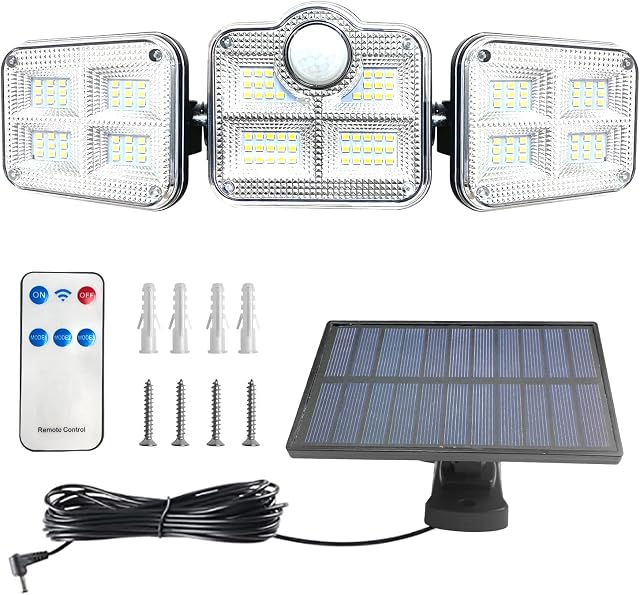 Solar Lights for Outdoor with 3 Heads Wall Lights, 270° Lighting Angle Range, 3 Modes and 122 LED Solar Spotlight Outdoor, IP65 Waterproof Solar Lights Outdoor Motion Sensor with Remote Control