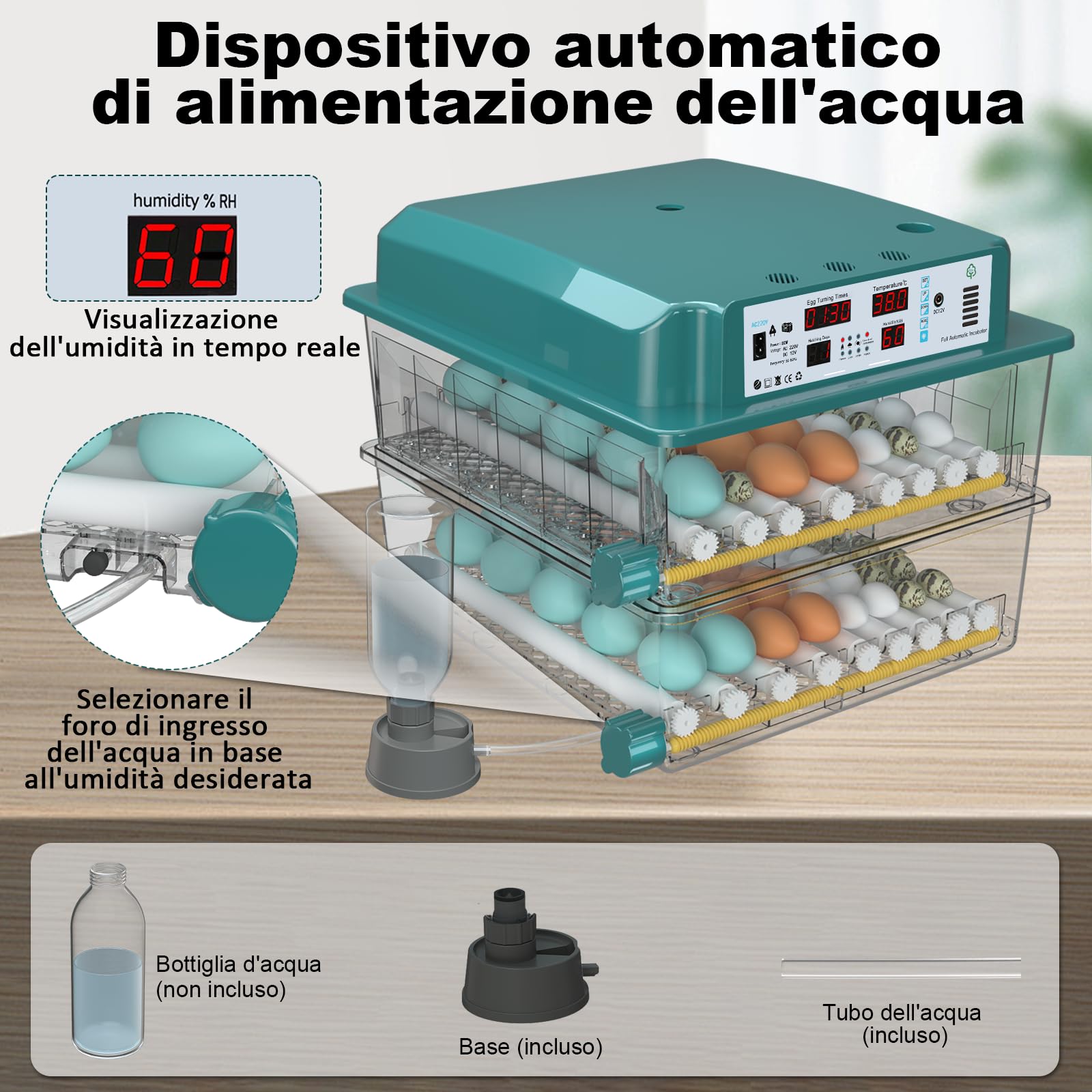 Incubatrice per Uova 120 Pezzi, Incubatrice per Uova Automatica con 4 Modalità di Incubazione, Riempimento Automatico dell'Acqua, Display Temperatura e Umidità, Incubatrice per Uova di Gallina