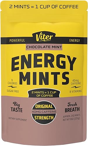 Viter Energy Mentas de cafeína de 40 mg, sin azúcar, vitaminas B, veganas, aumenta el enfoque de alerta energizado rápido, píldoras de suplemento
