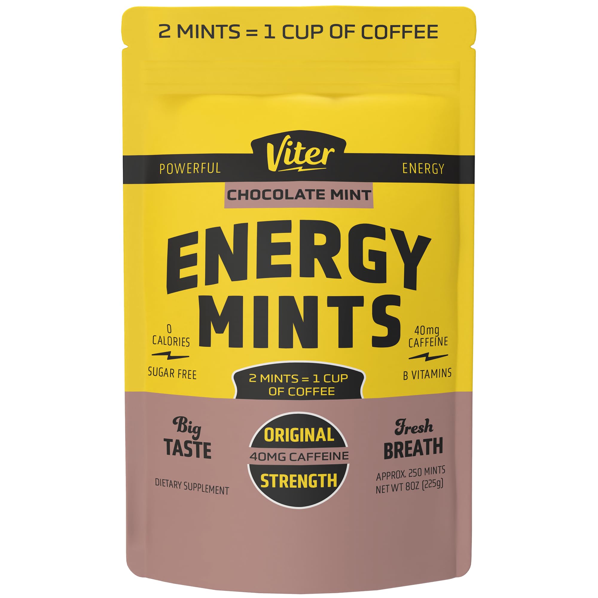 Viter Energy 40mg Caffeine Mints - Sugar Free, B Vitamins, Vegan, Boosts Fast Energized Alert Focus, Caffeinated Nootropic Supplement Pills (Chocolate Mint Flavor, 8oz, Bulk Bag)
