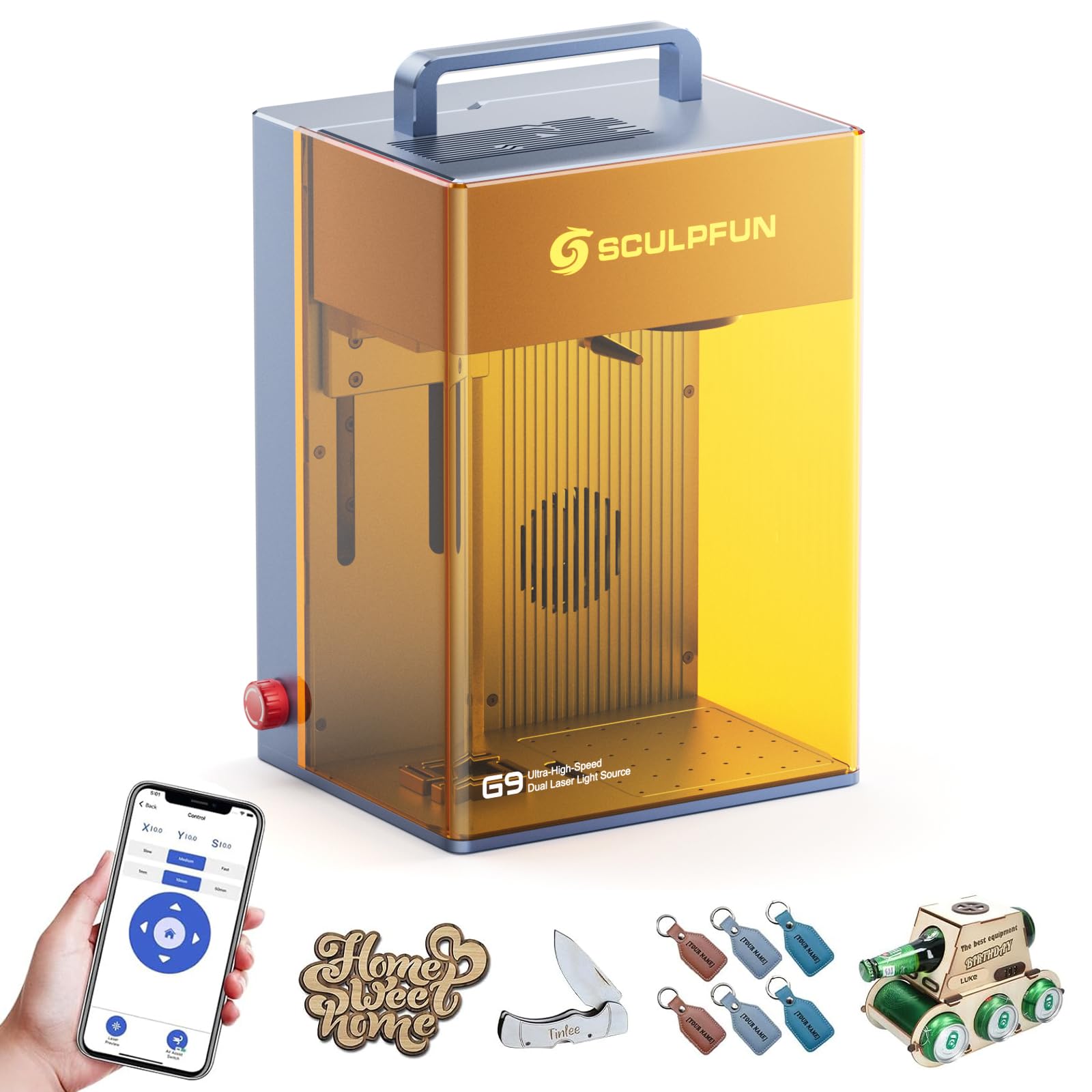 Sculpfun G9 Machine de Gravure Laser, Double Sortie Laser Infrarouge 2W et Diode 10W, Vitesse de Gravure 5000 mm/S, Point Laser 0,01 mm, Graveur Laser Pour MéTal, Bijoux, Cuir, Verre, Acrylique