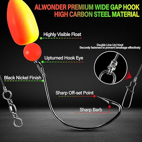 Miniatura 4 de Alwonder Paquete de 5 aparejos de pesca Pompano con flotadores Snell, aparejo giratorio de cebo vivo de agua salada, broches de presión de doble