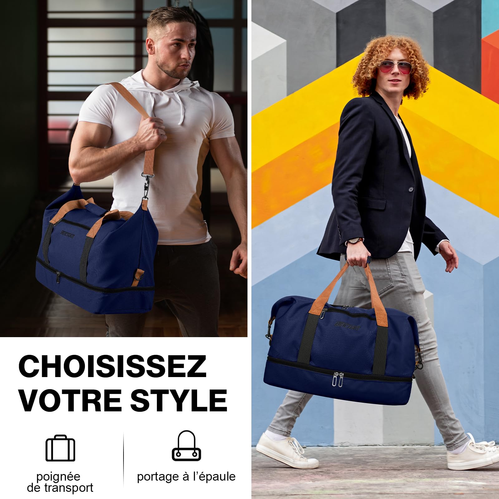 Sac de Weekend Homme Imperméable, 32,2 L, Sac de Sport de Voyage Homme Imperméable, Sacs de Week-End Grand avec Compartiment à Chaussures, Poche Humide, Sacs de Bagage pour Natation, Bleu