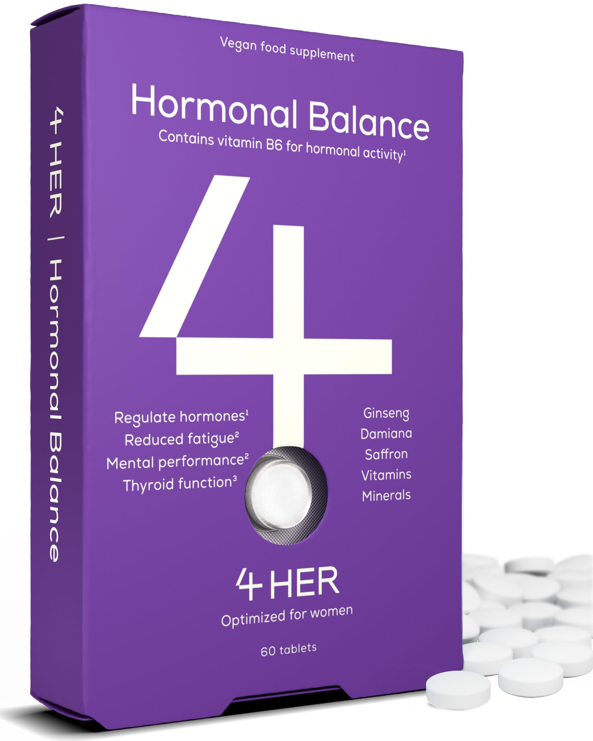 4 HER Hormonal Balance for Women - 60 Vegan Tablets - with Damiana, Ginseng, Saffron & Vitamin B6 - Hormone Balance for Women, Reduced Fatigue and Mental Performance