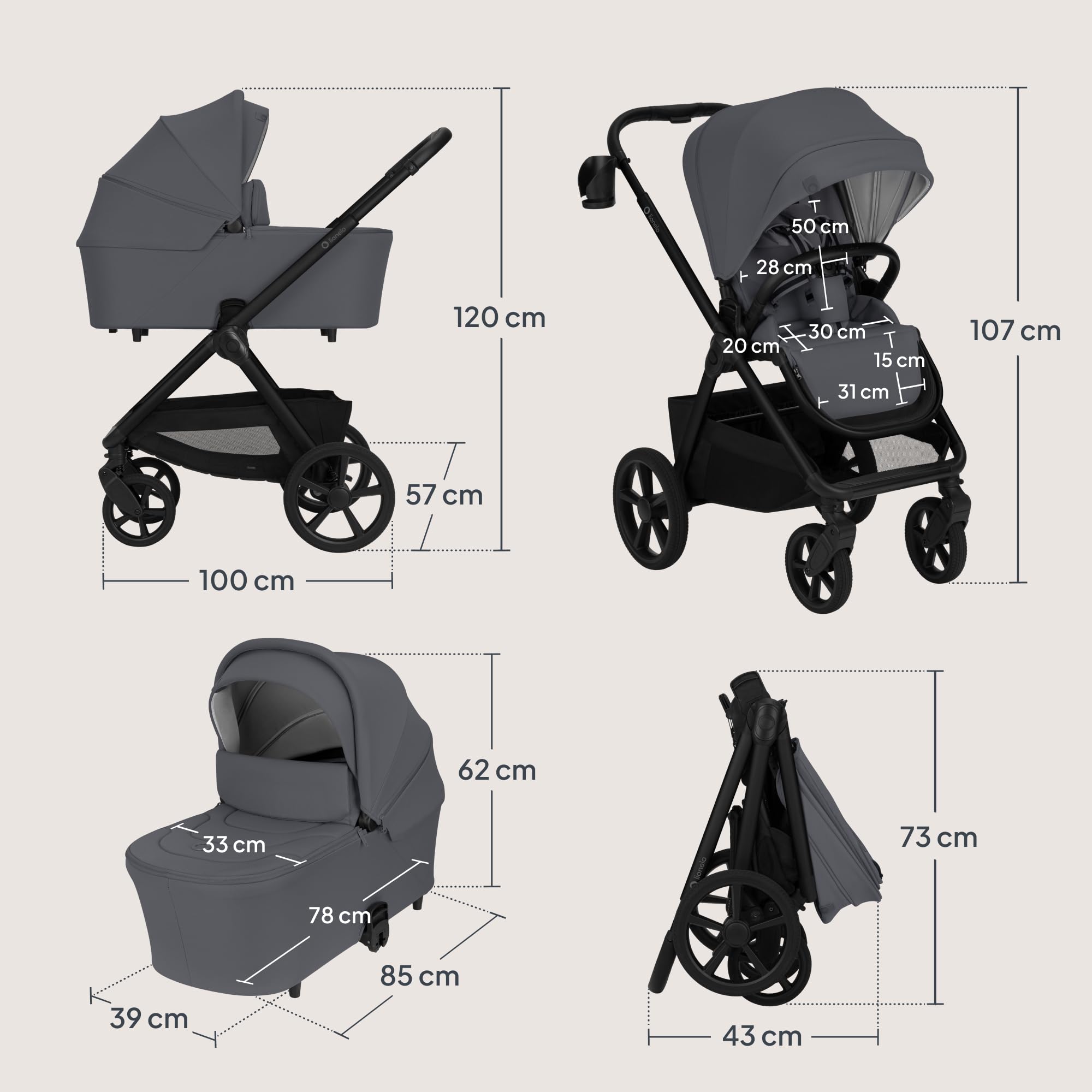 LIONELO Carmine Passeggino Trio 3 in 1 per Bambini 0-4 Anni fino a 22 kg | Sistema Modulare Pieghevole, Navicella Portatile e Seggiolino Auto Ovetto, Ruote GravelTech, Ammortizzazione, Cappottina XXL