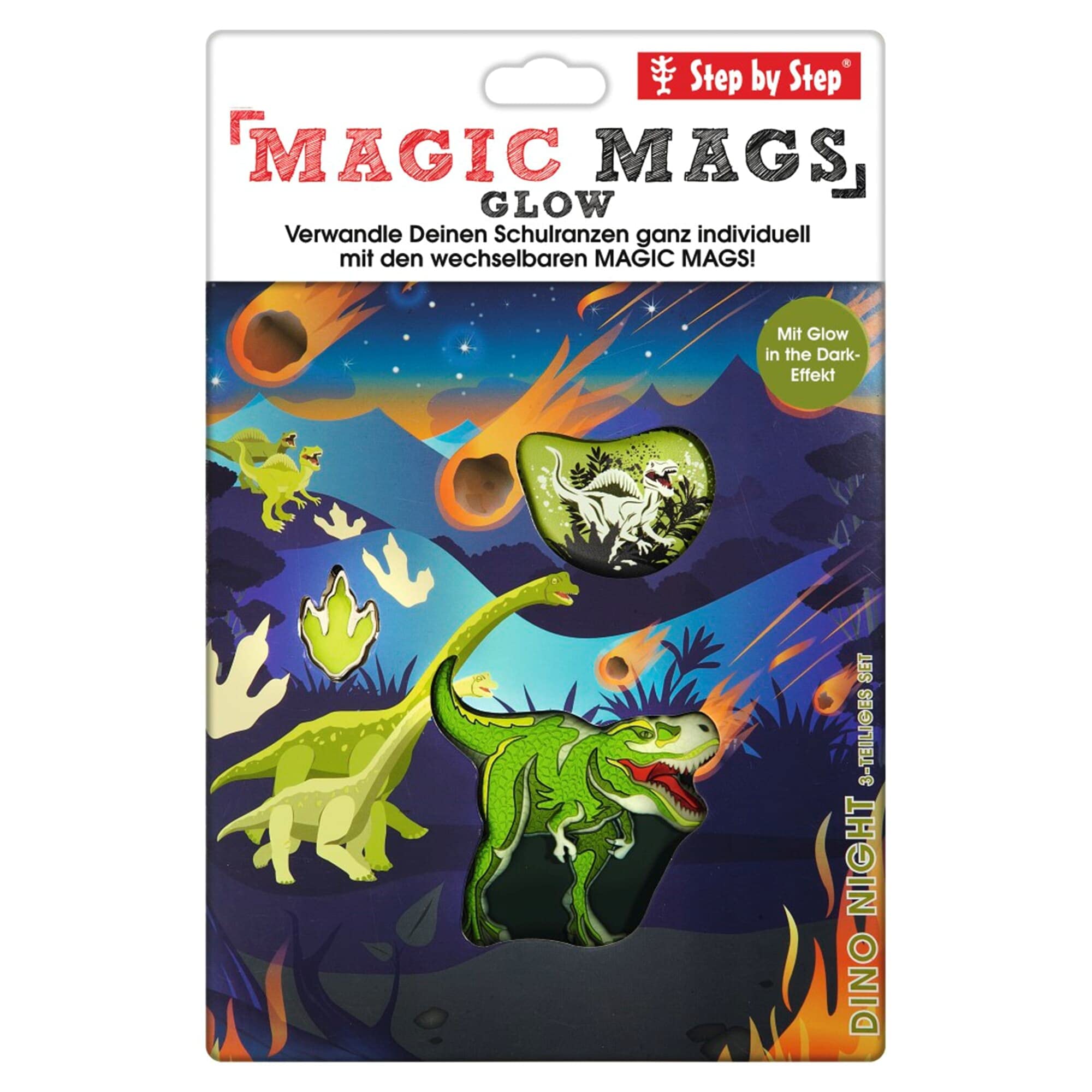 Step by Step Magic MAGS Glow Dino Night Tyro, grün, 3-teilig, Glow in the Dark-Effekt & wechselbare Motive, 2 Magnet-Applikationen und 1 Anhänger, Ergänzung für Schulranzen oder Rucksack