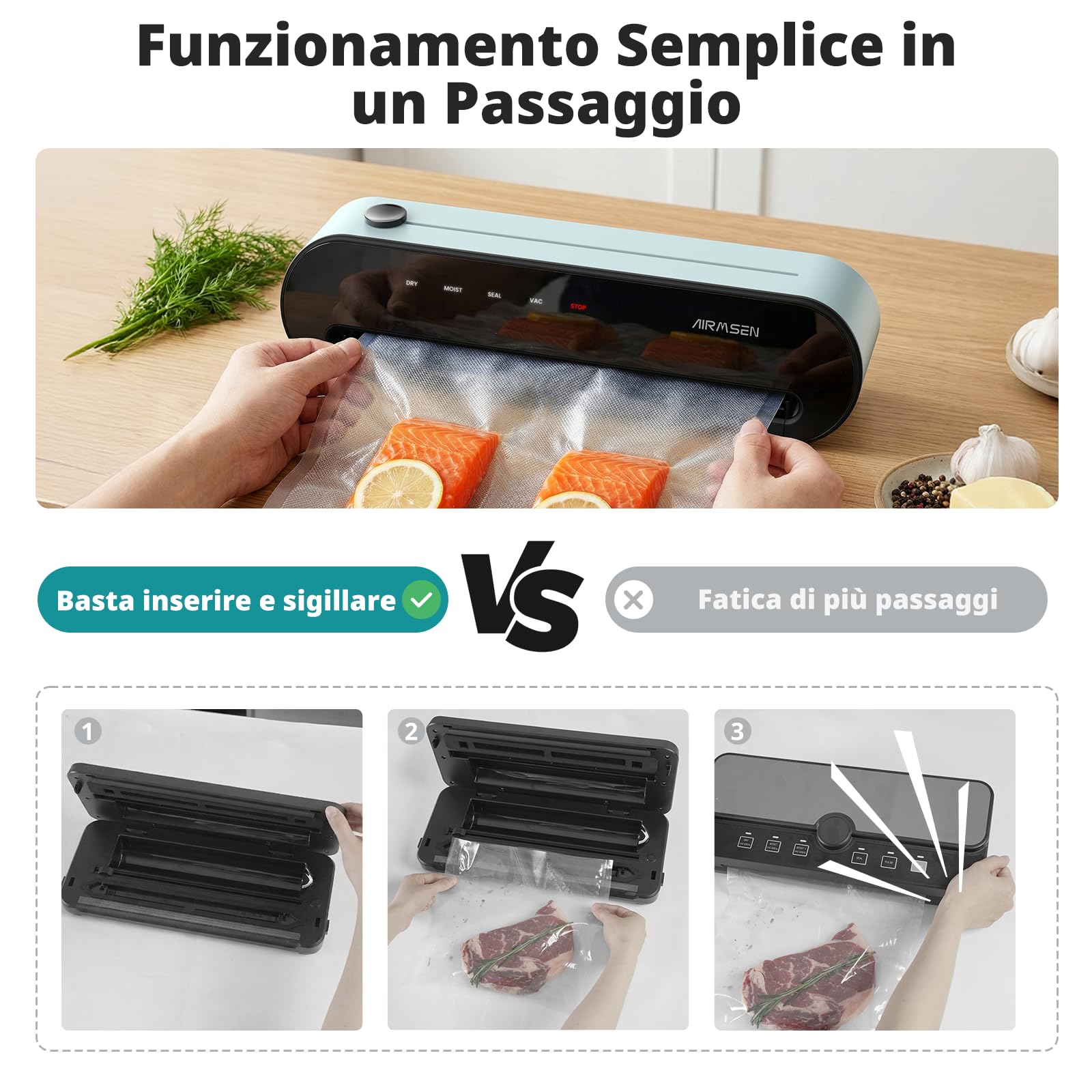 AIRMSEN Macchina Sottovuoto 6-in-1 Completamente Automatica con Funzione di Gonfiaggio, Aspirazione Profonda Automatica ad una Mano, Taglierina Integrata e Vano Tubo, Verde Menta