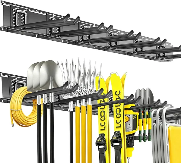CRXCRC Garage Tool Organizer Wall Mount, 48inch Heavy Duty Garden Tool organizer Storage System, Easy Install With 6 Adjustable Straight Hooks, For Garage, Basement, Shed, Workshop(Black)