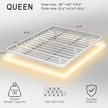 White Floating Bed Frame Queen with LED Lights, 10.6 Metal Platform Bed Frame with Heavy Duty Steel Slats, No Box Spring Needed, Noise-Free, Easy to Assemble, Capacity 1500lbs