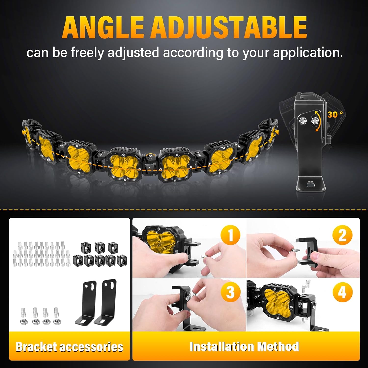 Willpower 52 inch 240W Yellow Straight Curved Adjustable & Linkable LED Light Bar with Wiring, Spot Flood Beam Off Road 4X4 Driving Fog Lights for 12V 24V Vehicle 8WD Car UTV SUV Truck Tractor Trailer