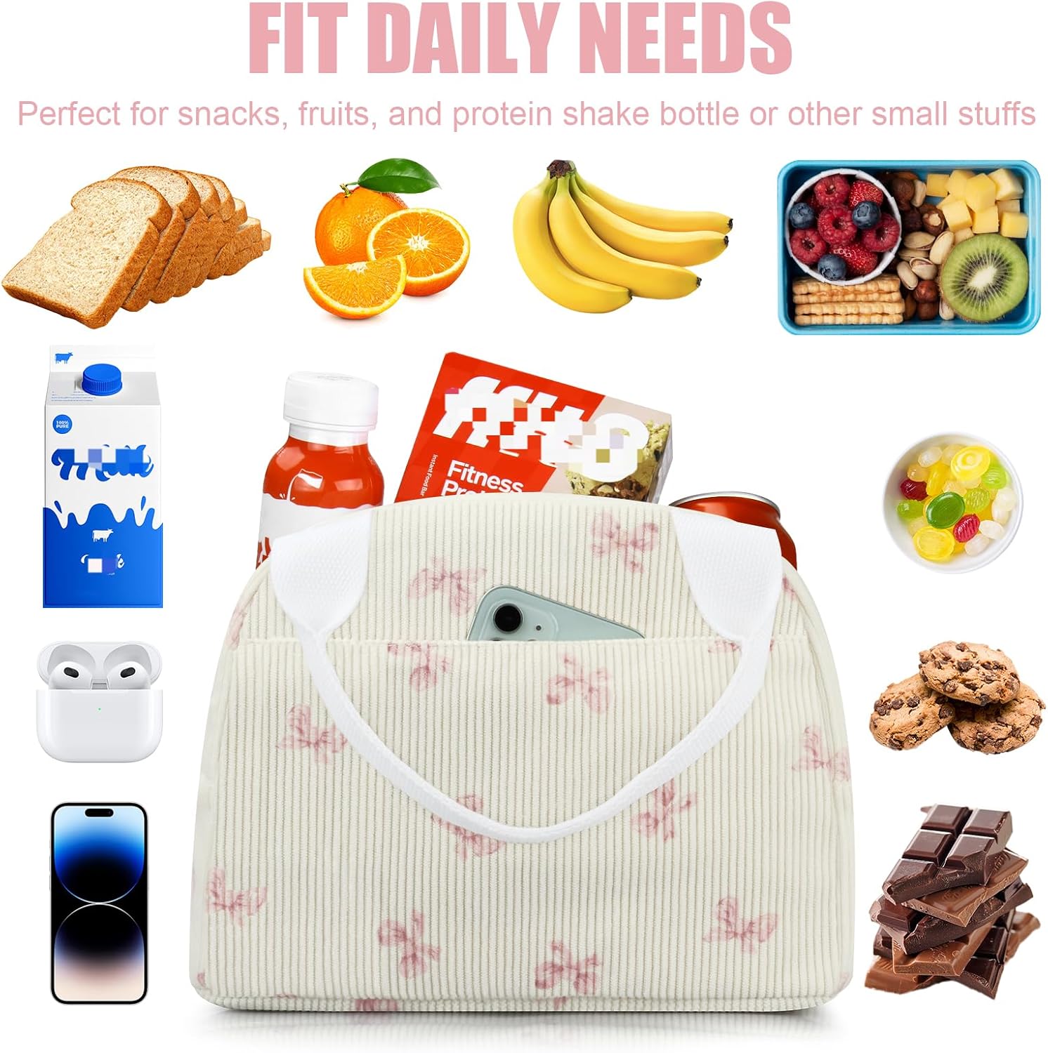 Insulated Lunch Bag Women, Reusable Corduroy Cute Lunch Box, Leakproof Floral Lunch Tote Bag with Large Capacity, Small Cooler Lunch Container for Work Office Travel Picnic (Beige Pink Bow) - Image 6