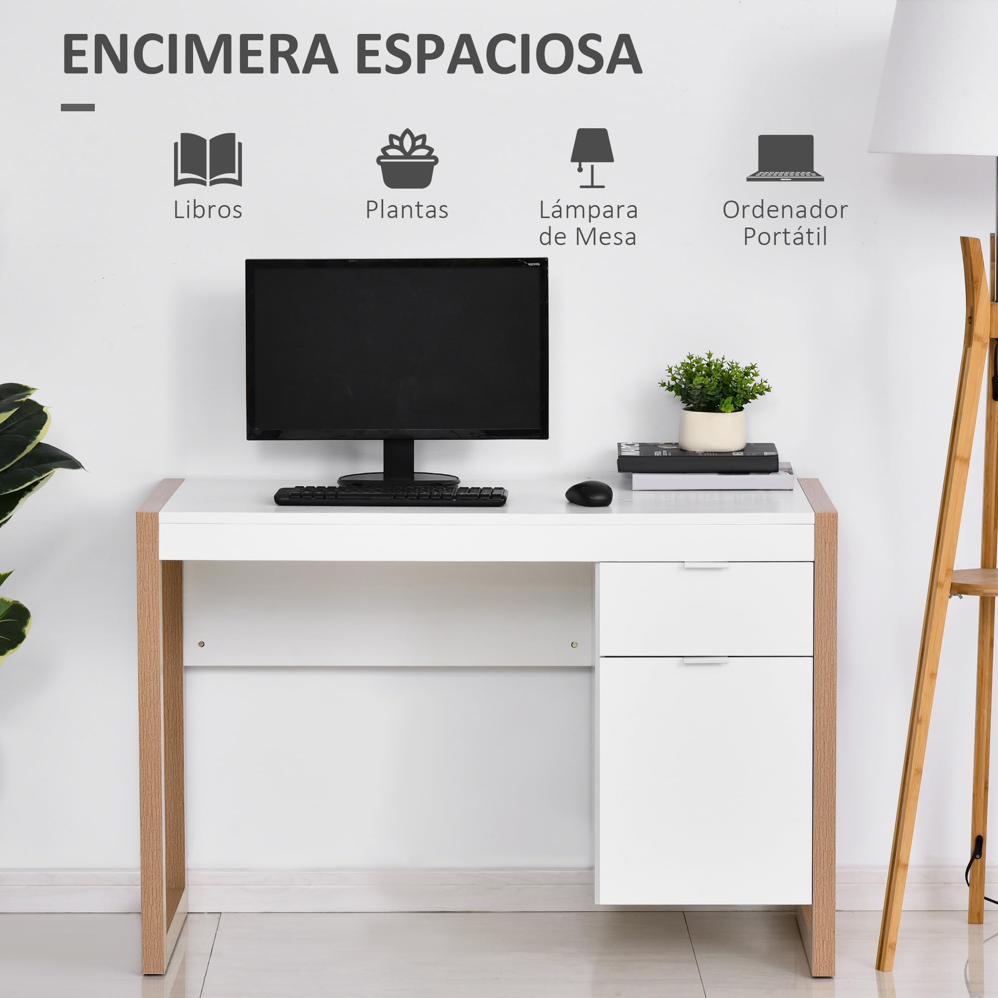 HOMCOM Mesa de Escritorio Mesa de Ordenador Cajón 112,5x50x75,5 cm Blanco