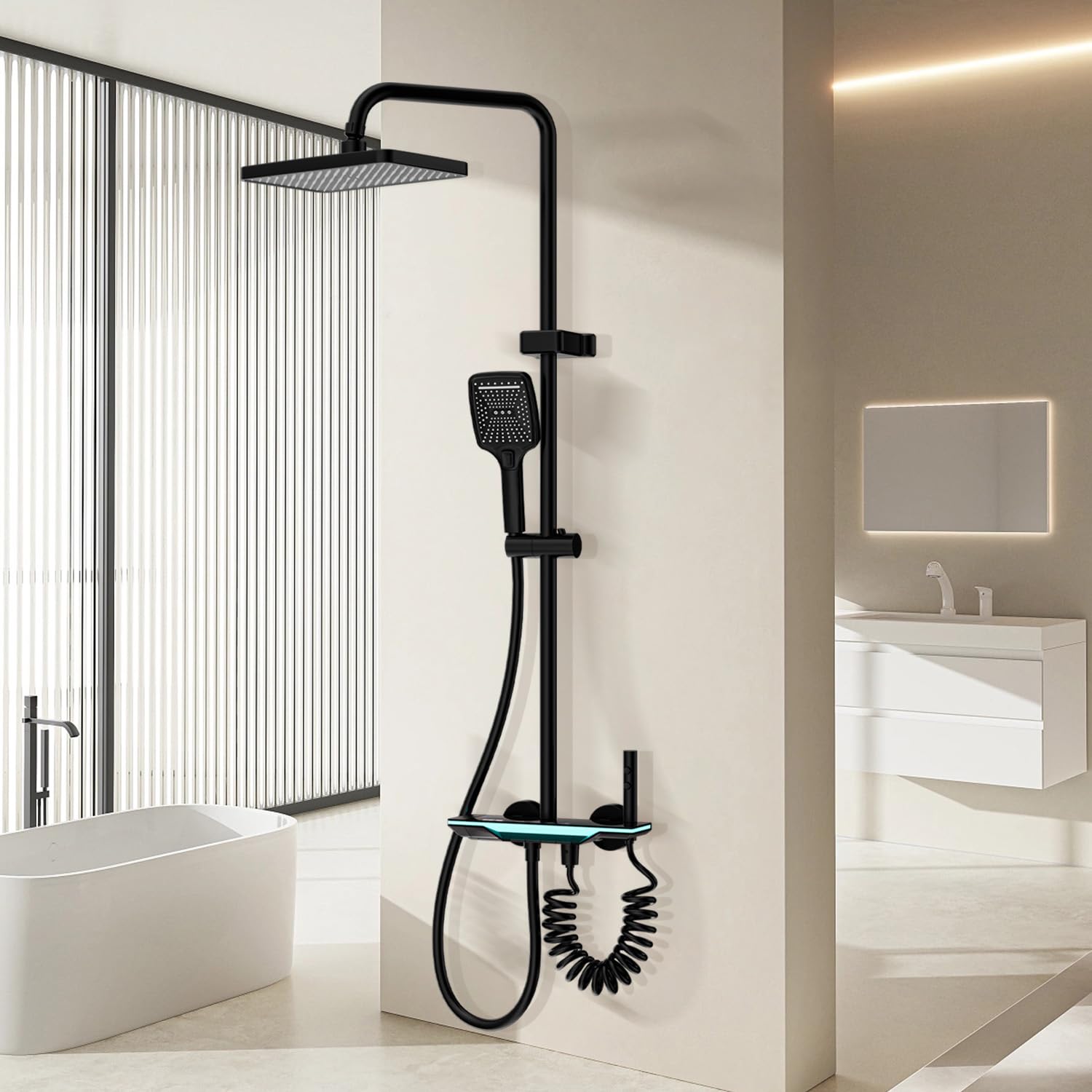 Columna de Ducha 4 en 1 Negra con Pantalla LED, Botones Tipo Piano, Ducha de Lluvia Cuadrada XXL 31x20cm, Teleducha y Grifo para Bañera, Altura Ajustable 90-140cm