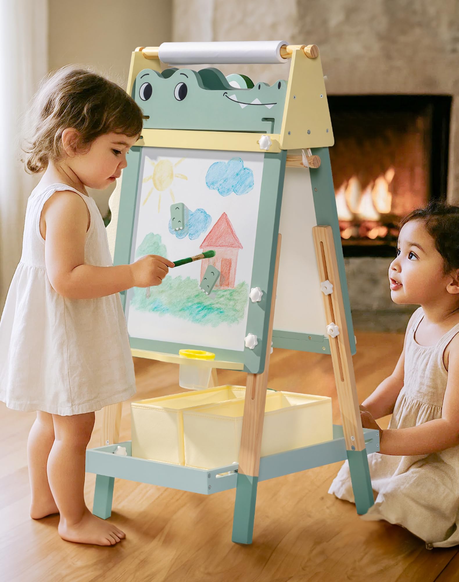 Caballete de cocodrilo para niños, caballete de madera 3 en 1 de altura ajustable con pizarra blanca magnética, pizarra y soporte para rollo de papel, divertida estación de arte para niños y 9