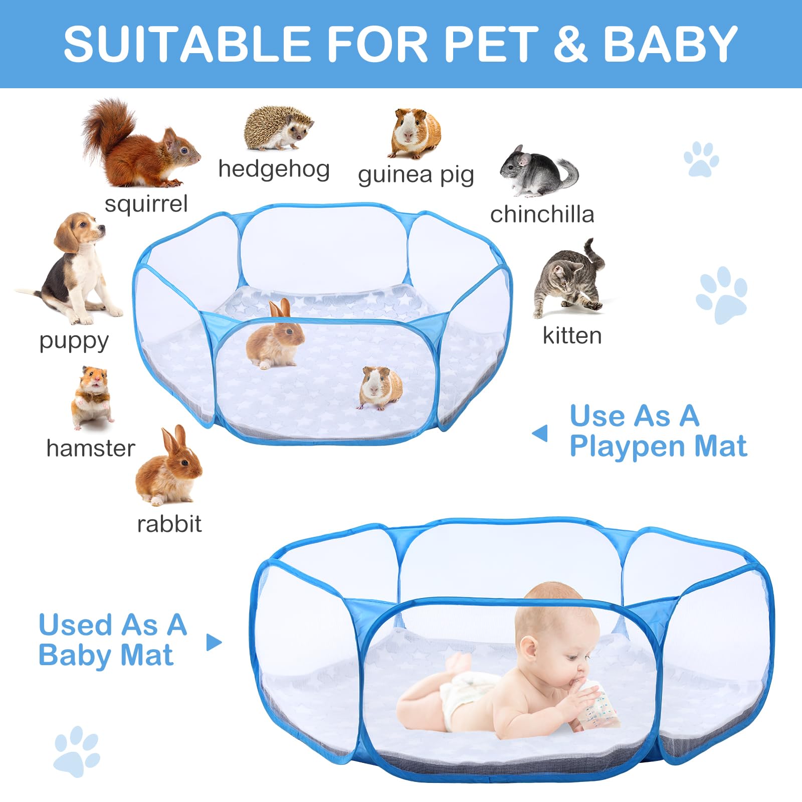 VitalCozy Hamster Laufstall mit Matte Kleintier C&C Käfig Zelt Atmungsaktiv Transparent Meerschweinchen Laufstall Wasserdicht Tragbar Hofzaun Matte Faltbare Übung Laufstall Outdoor Indoor für