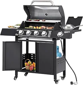 MAGIC UNION 4-Burner Propane Gas BBQ Grills with Side Burner, Cast Iron 50,000 BTU Patio Barbecue Grill with Stainless Steel Grates for Outdoor Cooking, Backyard, Garden