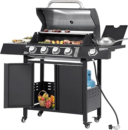 MAGIC UNION 4-Burner Propane Gas BBQ Grills with Side Burner, Cast Iron 50,000 BTU Patio Barbecue Grill with Stainless Steel Grates for Outdoor Cooking, Backyard, Garden
