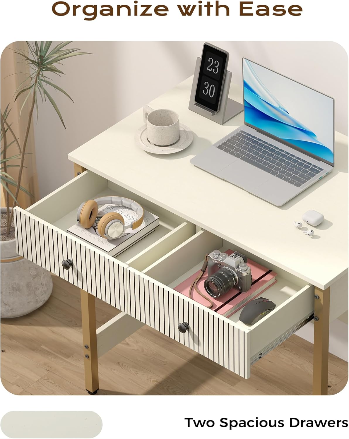 Manora 31.5” Computer Desk with Power Outlets and USB Ports, Modern Writing Desk with Fluted Drawer Front, Small Study Table with Storage Drawers for Home Office, Bedroom Vanity Use, White and Gold