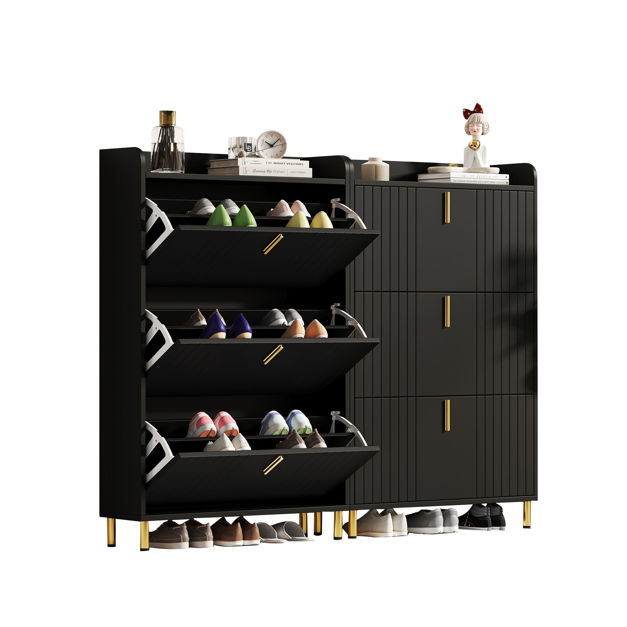 2er Set Schuhschränke je 3 Klappen 6 Fächer Schwarz 80x23,5x123,5cm