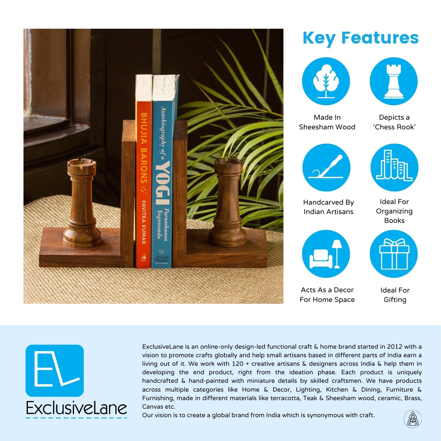 ExclusiveLane 'Chess Rook' Sheesham Wooden Bookends for Home Decor (24.6 cm x 10.4 cm x 16.5 cm, Brown) | Book Ends Wooden Bookend Bookends for Shelf Book Ends for Table Shelves Book Stopper for Shelf 4