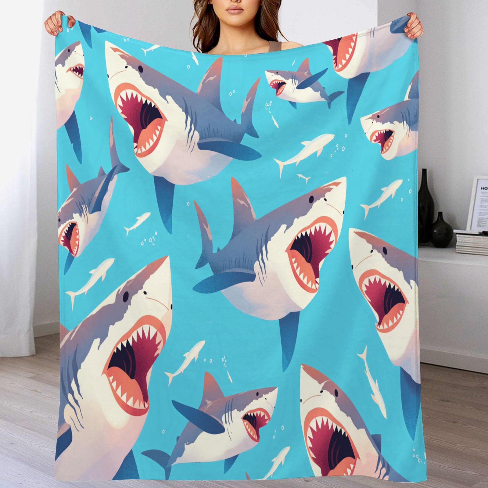 Plaid requin en flanelle bleue 150x200cm pour lit et canapé
