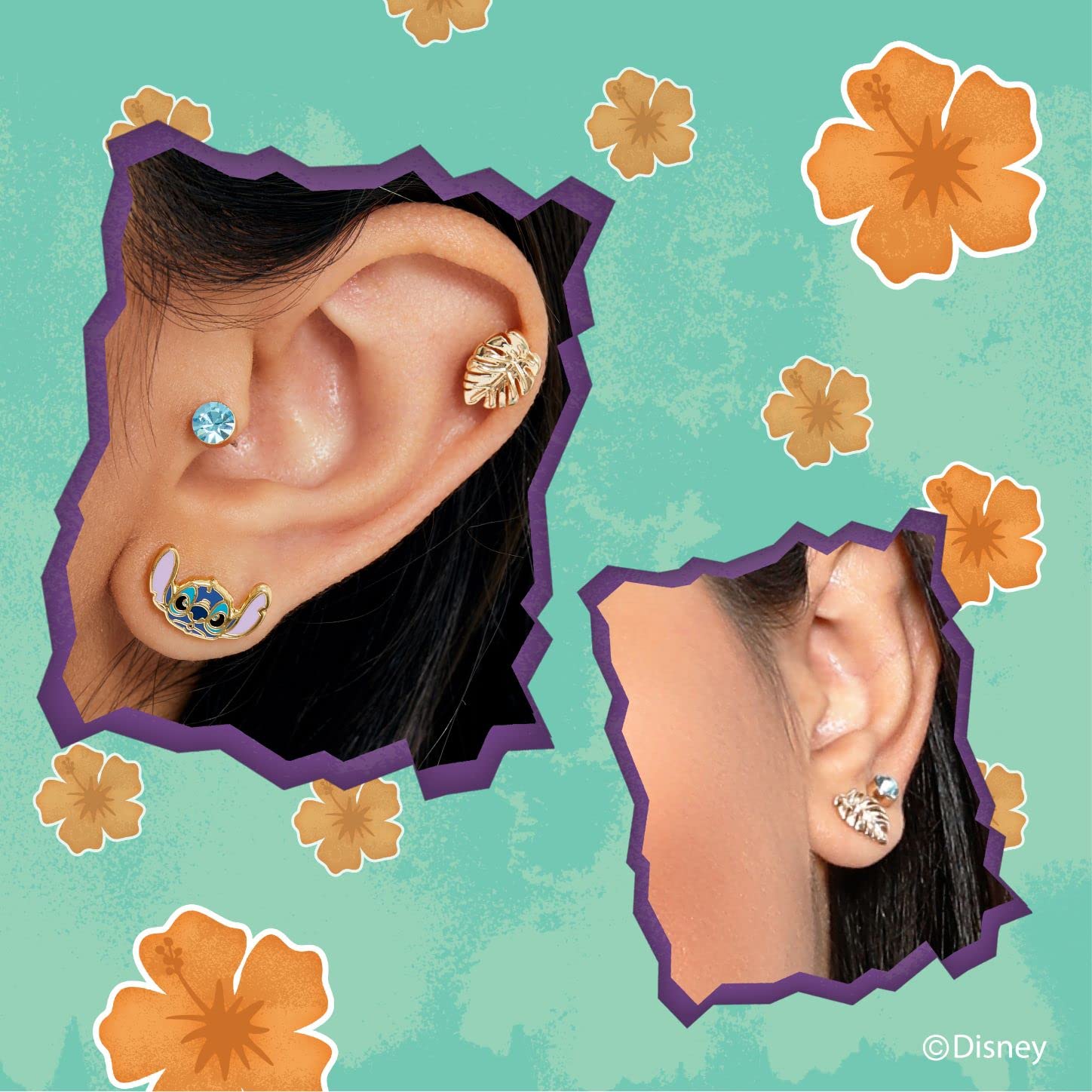 Disney Stitch Girls - Juego de pendientes de 2 y 3 piezas, chapados en flash, juego de 2 o 3 aretes de punto para niñas, joyería oficial de Stitch