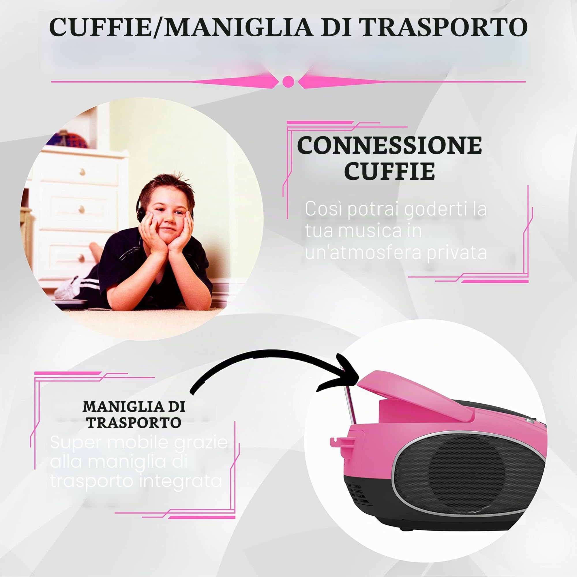 Boombox portatile lettore CD CD-R USB radio FM AUX jack cuffie impianto stereo compatto rosa Pretty Pink