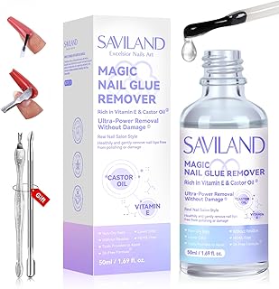 SAVILAND Nail Glue Remover for Press on Nails 50ML with Castor Oil Vitamin E for Glue on Acrylic False Fake Tips Gentle Fast Press on Nail Remover with Cuticle Pusher