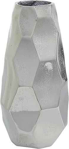 Deco 79 Jarrón decorativo de metal de aluminio para centro de mesa, florero geométrico para decoración del hogar, 6 x 5 x 12 pulgadas, plateado