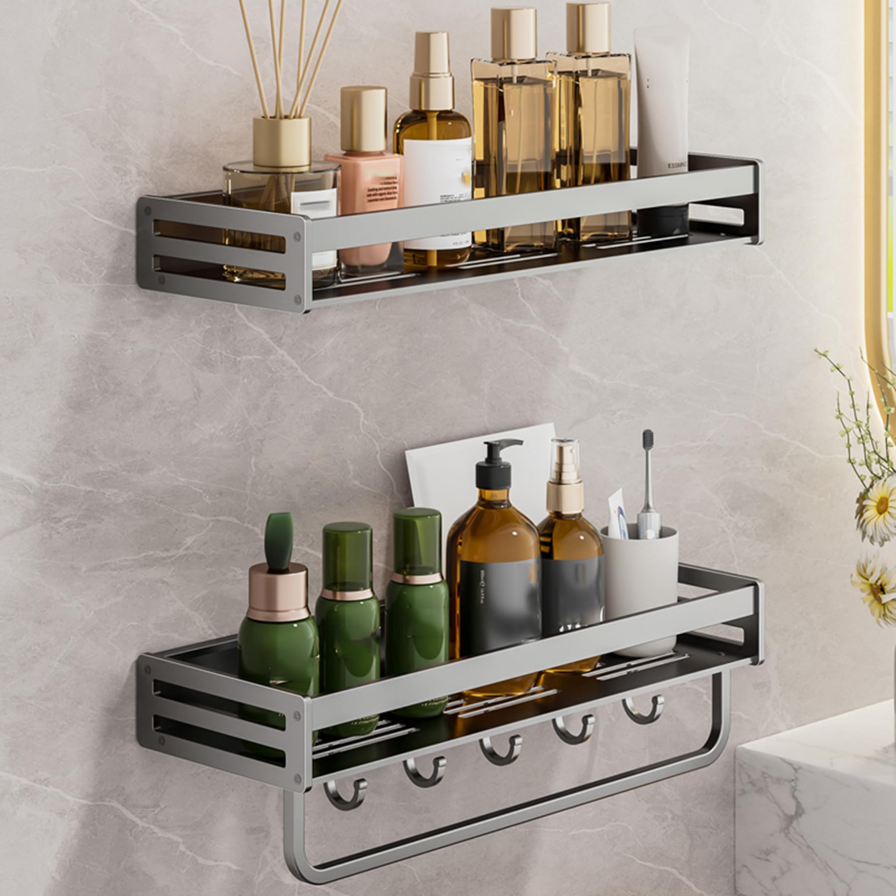 Estantes Ducha Adhesivos Paquete estantes Ducha montados en la Pared sin Perforaciones Organizador baño Gran Capacidad, Estante Almacenamiento Canasta Ducha con Ganchos,Gray c,50CM