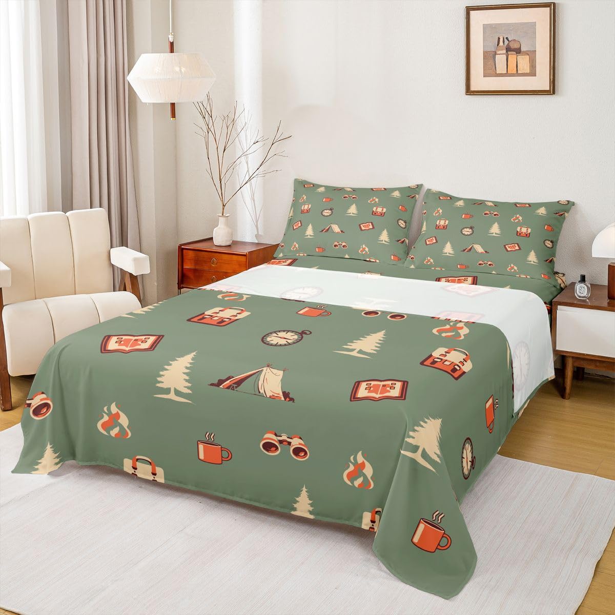 Homewish Camper Adventure zestaw prześcieradeł tematycznych podwójne, szczęśliwe prześcieradła kempingowe kreskówka namiot torba podróżna pościel - zestaw pościeli dla miłośnika kempingu 4-częściowy