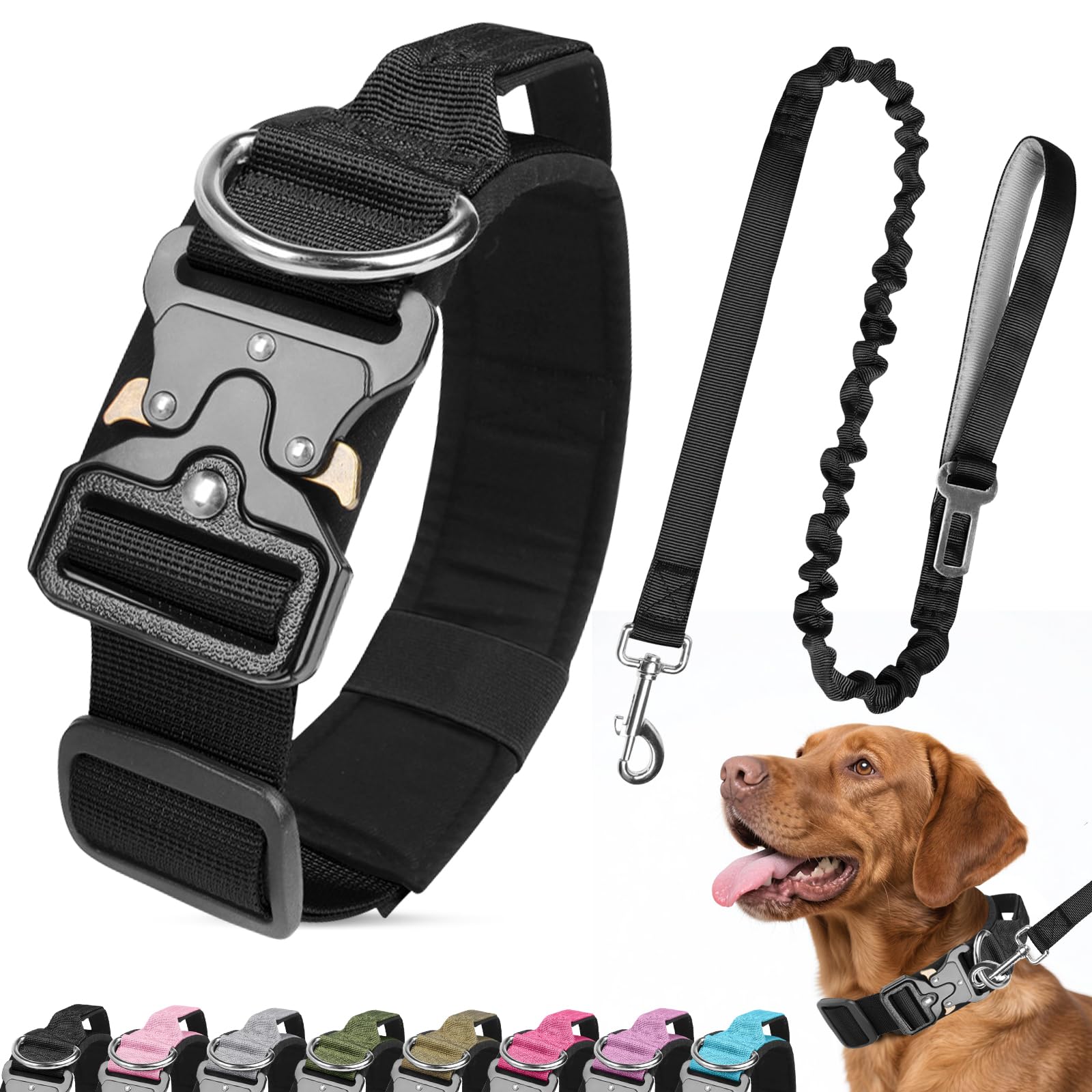 Ledeak Tactical Dog Collar and Leash Set, Heavy Duty Padded Dog Collar with Metal Buckle, Military Adjustable Nylon Pet Collars with Handle for Medium Large Dogs Training (Black, M) — image 1