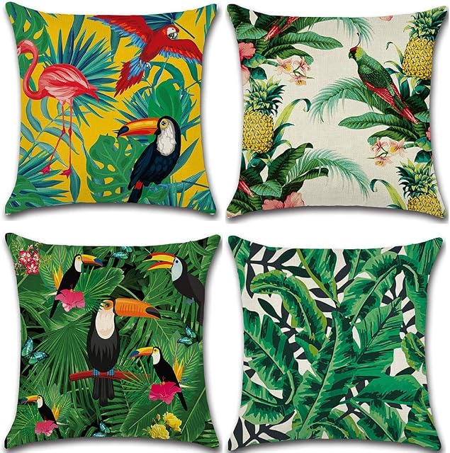 Fullfun Tropical Palm Cushion Covers, Flamingo linen pillow covers leaf cushions Pack of 4 square jungle throw pillowcase, For sofa, couch, bedroom & outdoor cushions 45 cm x 45 cm (18 x 18 inch)