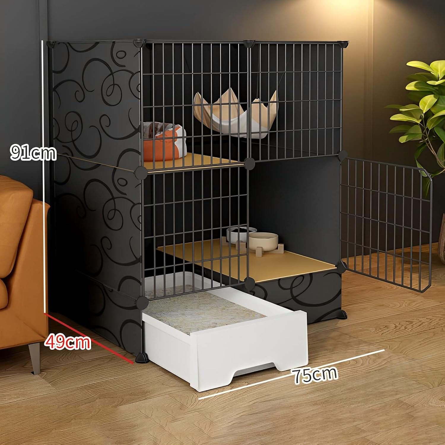 Indoor Cat Cage with Pull-Out Cat Litter Box, 2/3-Tier DIY Pet Playpen Detachable Dense Metal Wire Cat Villa Enclosure with Storage Cube Small Animal Fence House (Black C)