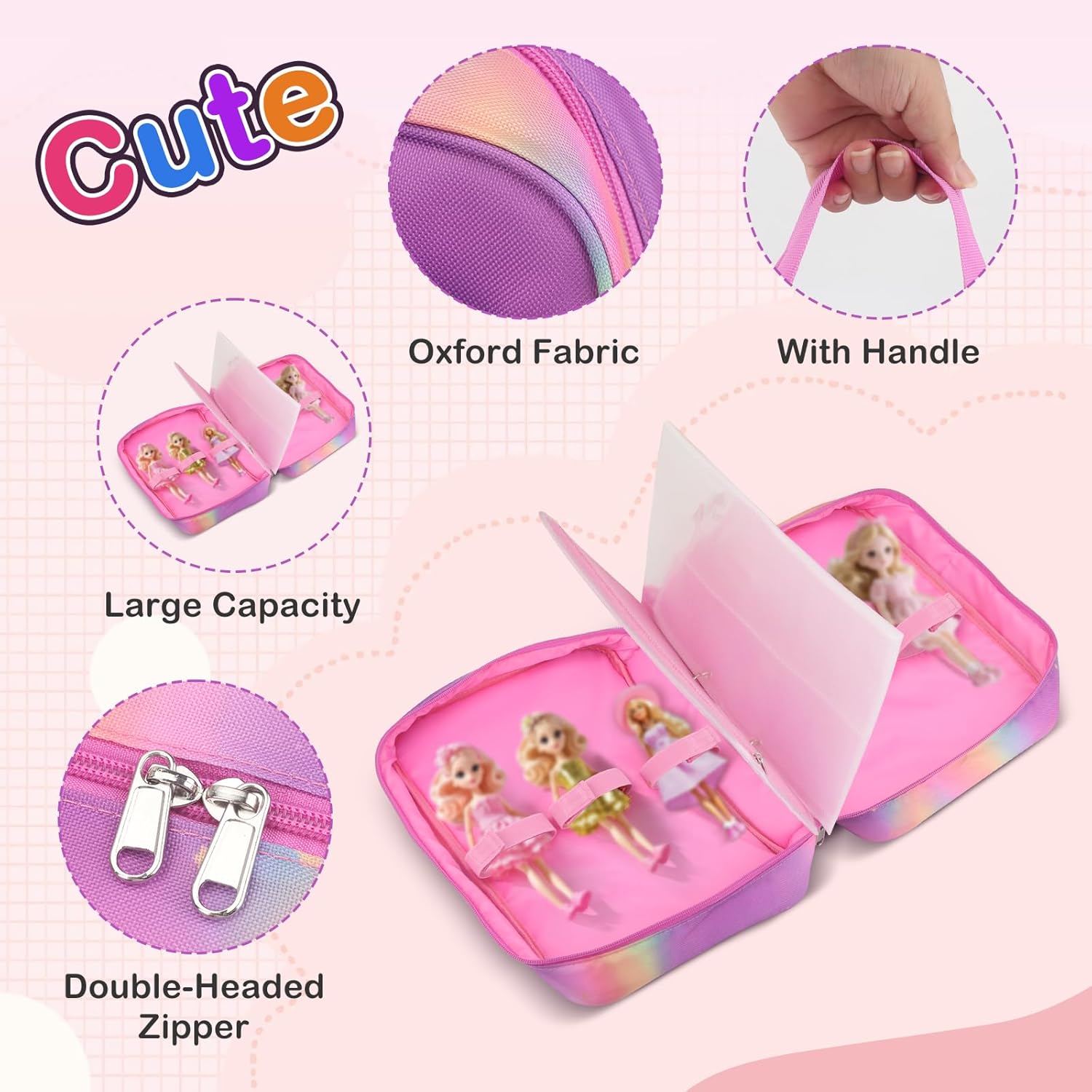 Doll Carrying Case Accessory Organizer Storage, Case to Hold Dolls and Clothes, Much Pocket for Doll’s Clothes, Accessories, Fits 6 Dolls & Accessories, Secure Straps Protect Dolls - Rainbow