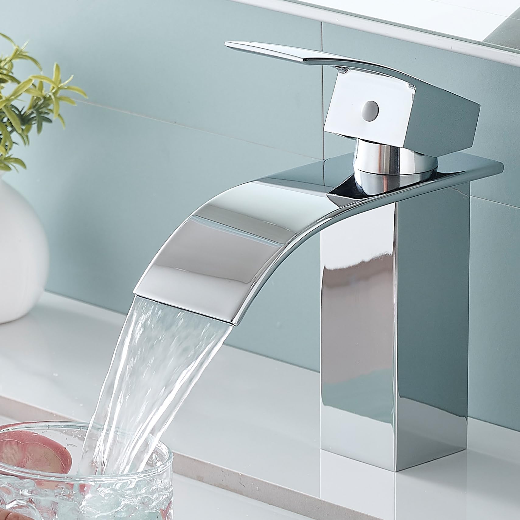 Fransiton Wasserhahn Bad, Wasserfall Waschtischarmatur mit Auslauf Höhe 60MM, Einhebelmischer für Kaltes und Warmes Wasser im Badezimmer (Chrom)