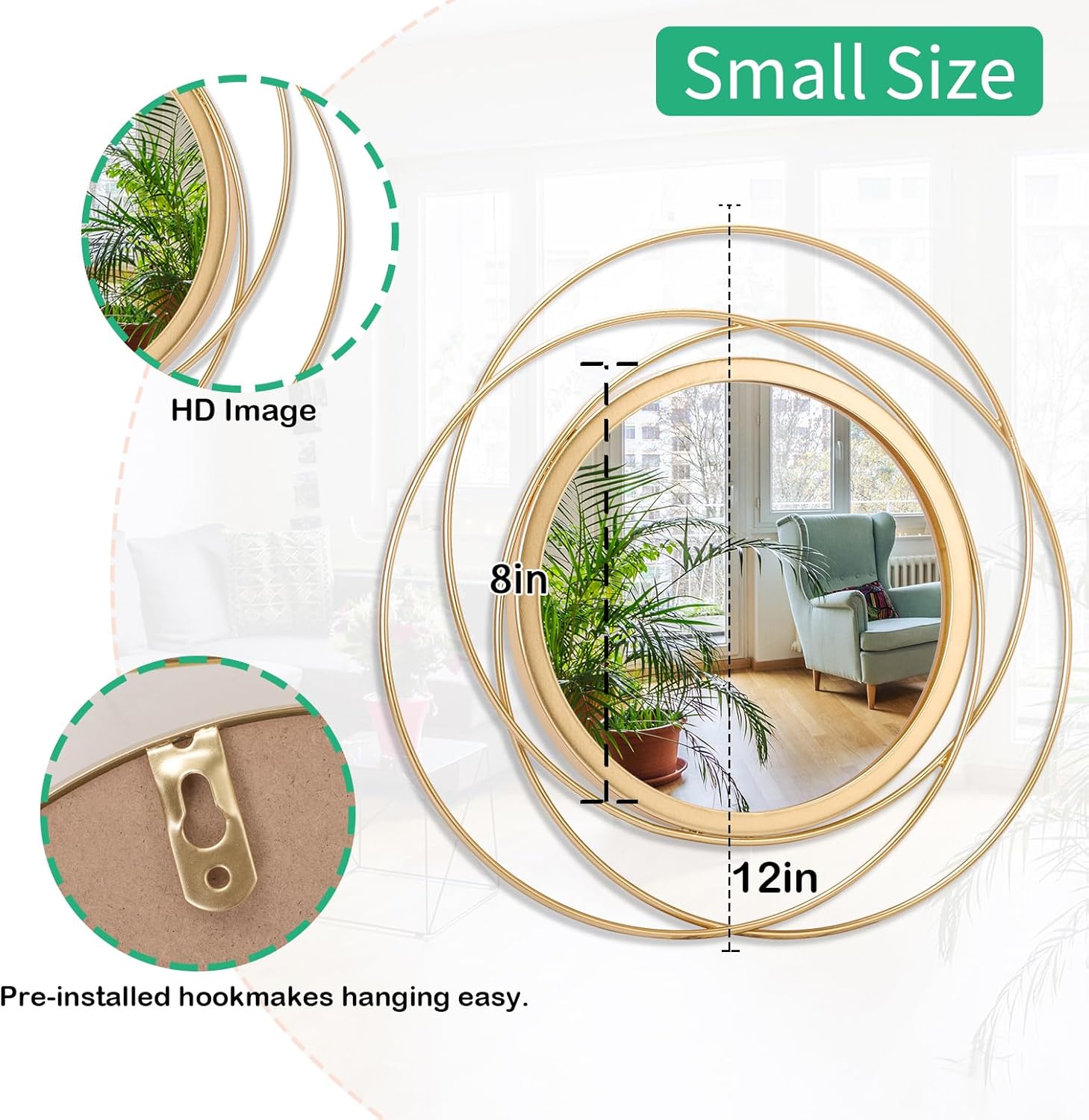 2 Pcs Decorative Circle Wall Mirror Gold Round Modern Mirrors Wall Art Ring Metal Wall Decor Wall Mounted Mirror for Bedroom Living Room Entryway Hallway