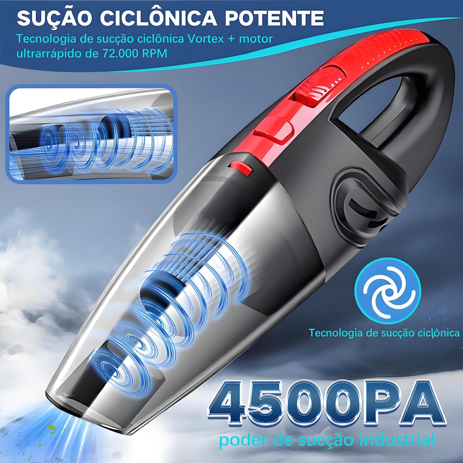 Imagem 3D do produto sobre fundo gráfico degradê azul-acinzentado com nuvens e efeitos sutis, estilo marketing que transmite potência e limpeza. Imagem 3D do produto sobre fundo gráfico degradê azul-acinzentado com nuvens e efeitos sutis, estilo marketing que transmite potência e limpeza.