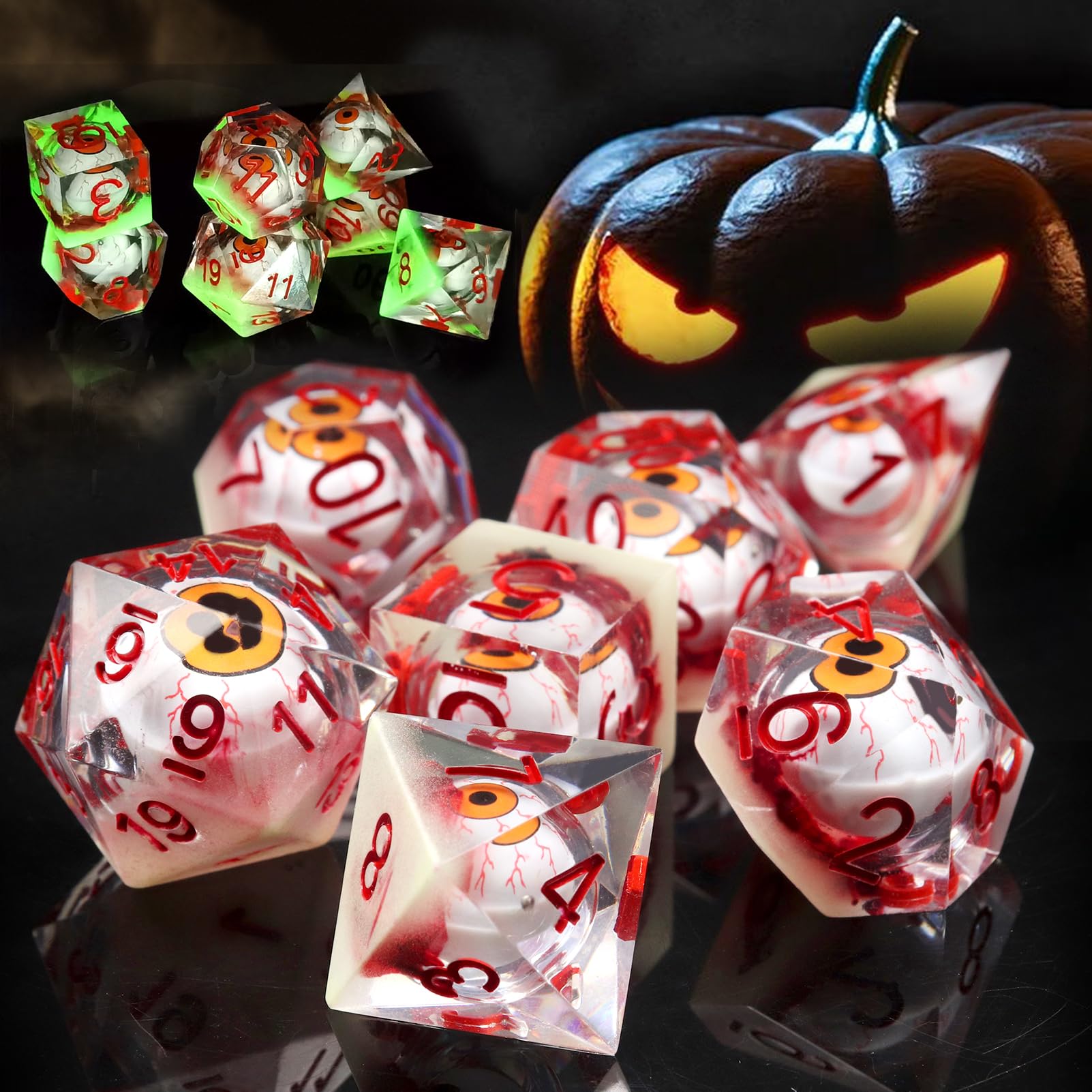 Haxtec Liquid Core DND Dice Set Beholder's Dragon Eye Sharp Edge Dice Handmade Eyeball Resin D&D Dice Set Glow in The Dark Halloween Dice for TTRPGs Dungeons and Dragons Gifts