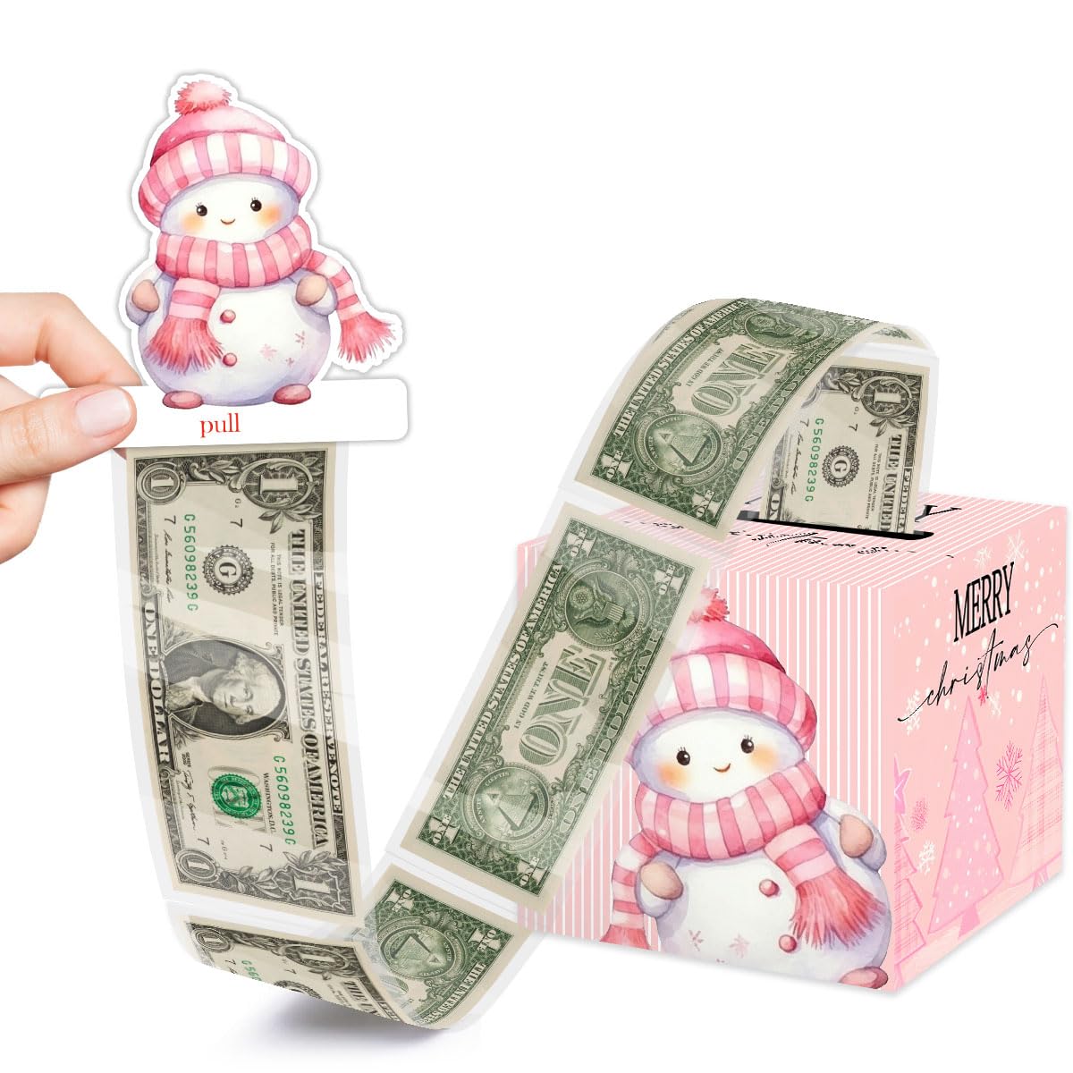 Cadeau surprise de Noël avec tirelire Merry Christmas, boîte bonhomme de neige rose et 35 sacs