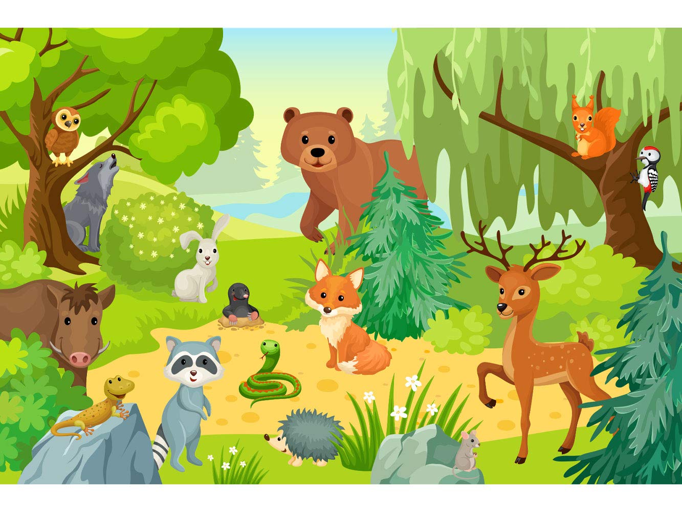 Oedim Fotomural Infantil Vinilo para Pared Animales en el Bosque | Fotomural Infantil para Paredes | Mural | Fotomural Infantil Vinilo Decorativo |350 x 250 cm | Decoración comedores, Salones