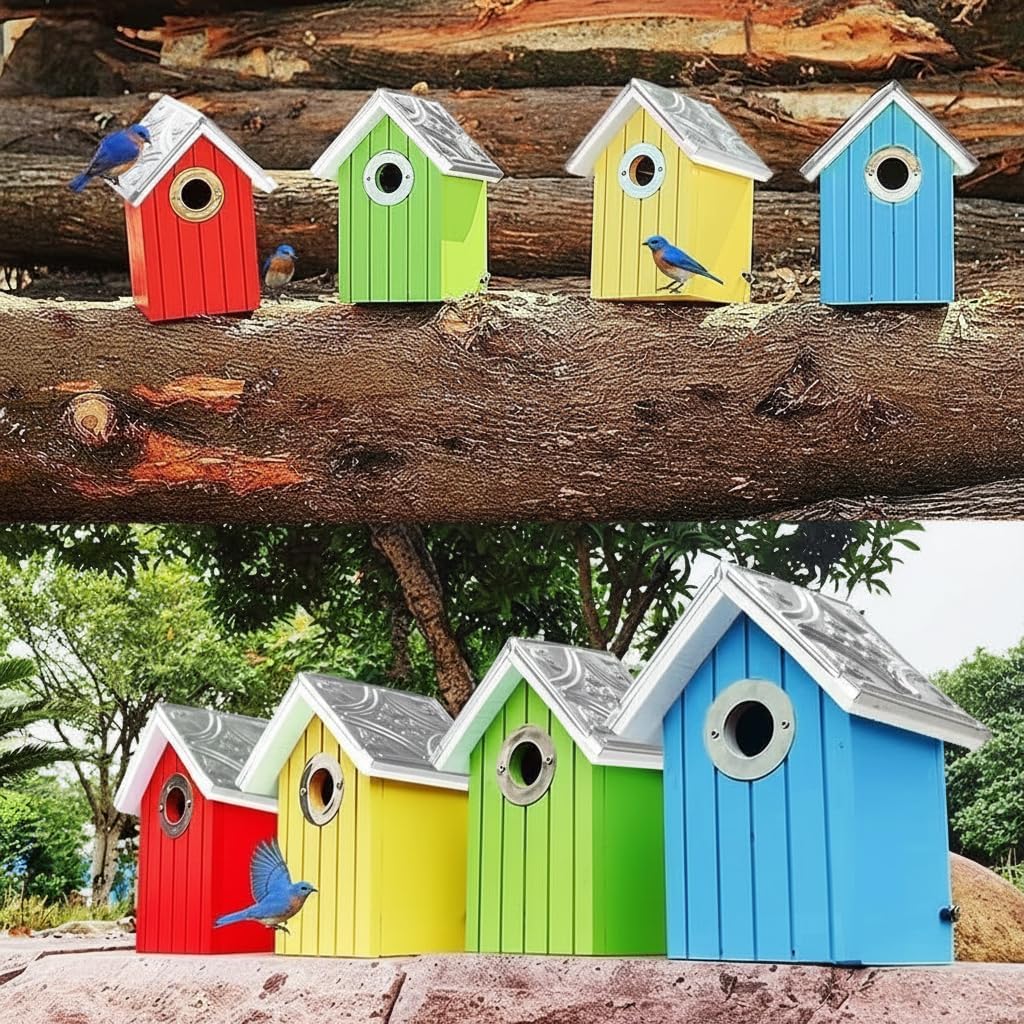 2PK Cedar Bluebird House, Wooden Bird House for Outside, 1.5" Entrance Hole Size, Stainless Steel Entrance Hole Protector, Silver Metal Roof, Colorful Garden Decorative, Pole Mountable (Yellow+Red)