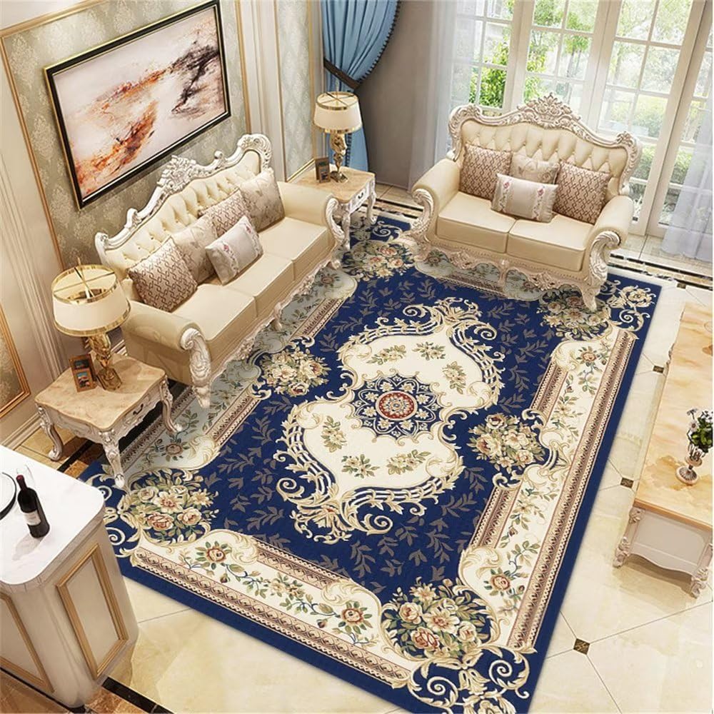 Salon de tapis lavable aux finitions soignées et motif floral