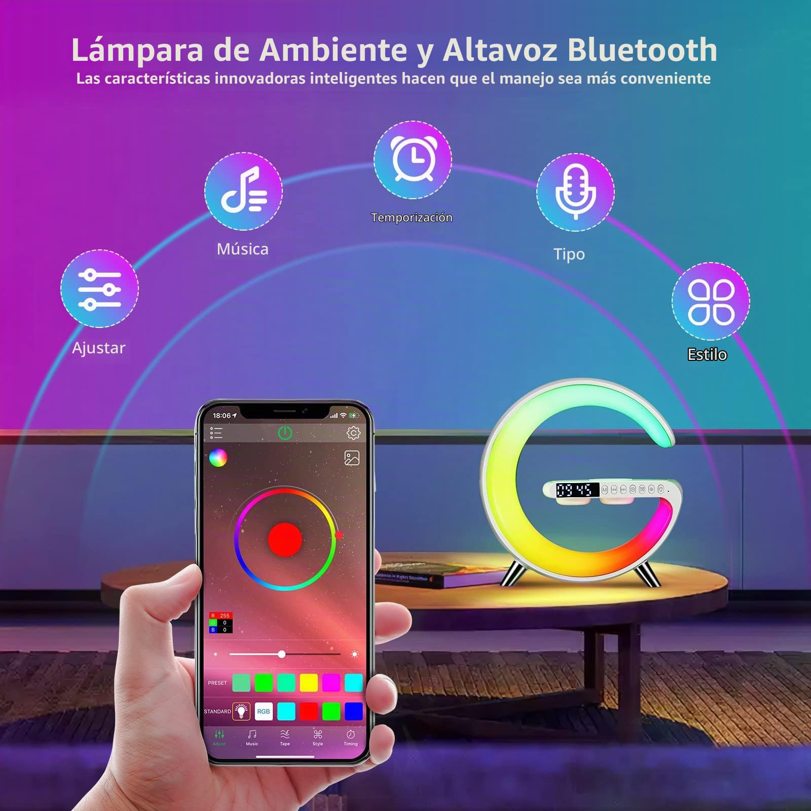 Lámpara de Mesa LED Inteligente, Lámpara de Ambiente con Cargador Inalámbrico, Altavoz Bluetooth Lámpara de Luz Nocturna Regulable, Reloj Despertador con Sincronización de Música (Blanco)