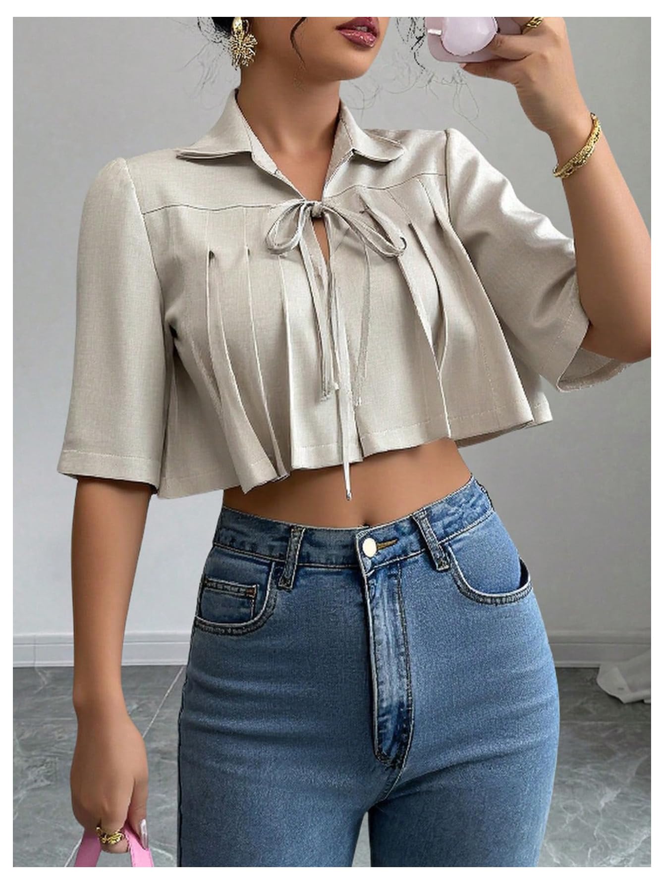MakeMeChic Women's Bow Tie Front Blouse Half Sleeve Pleated Dressy Crop Tops