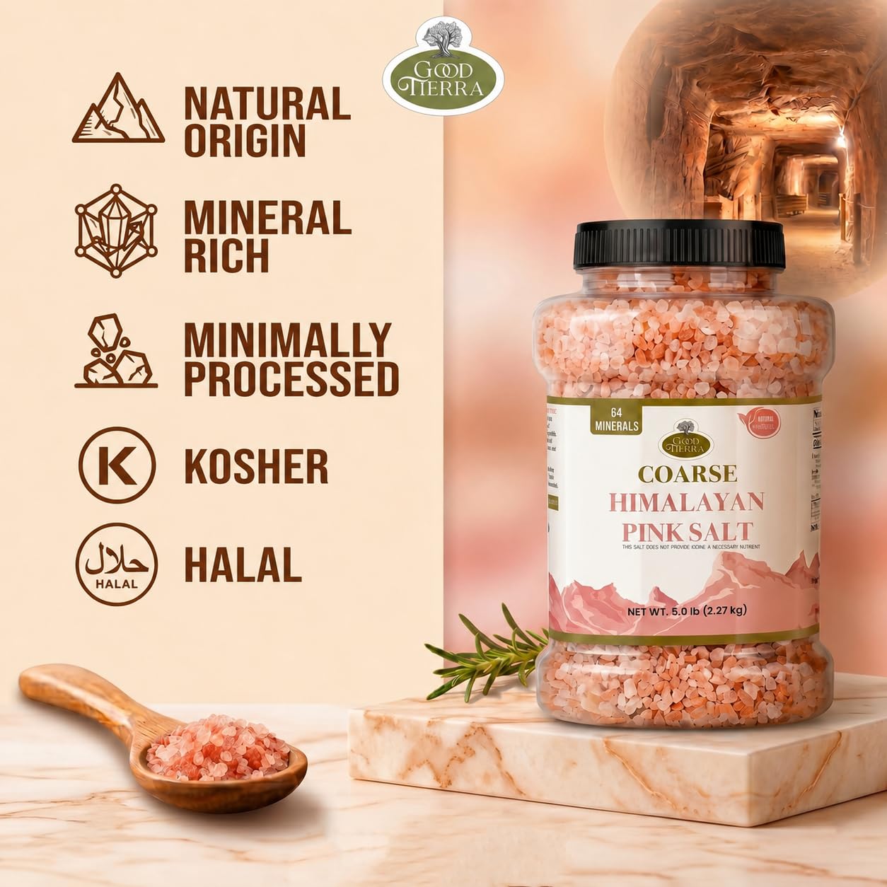 Good Tierra Himalaya-Salz im Glas, grob, 2,3 kg, ideal für Badesalz, Tischsalzmühlen und Gewürzgläser